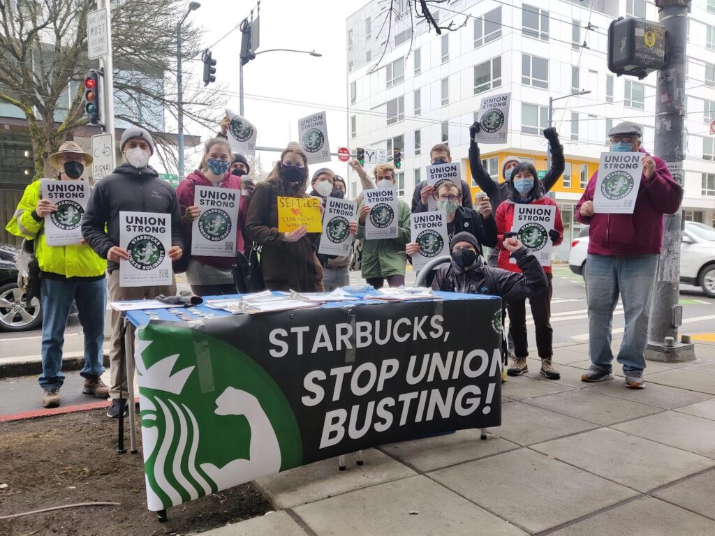Seattle DSA at a Starbucks picket